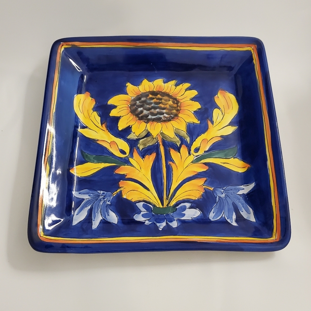 9 1/2" "Tuscan Lemon" Square Cobalt Blue & Yellow Ceramic Dish EUC - Picture 6 of 9